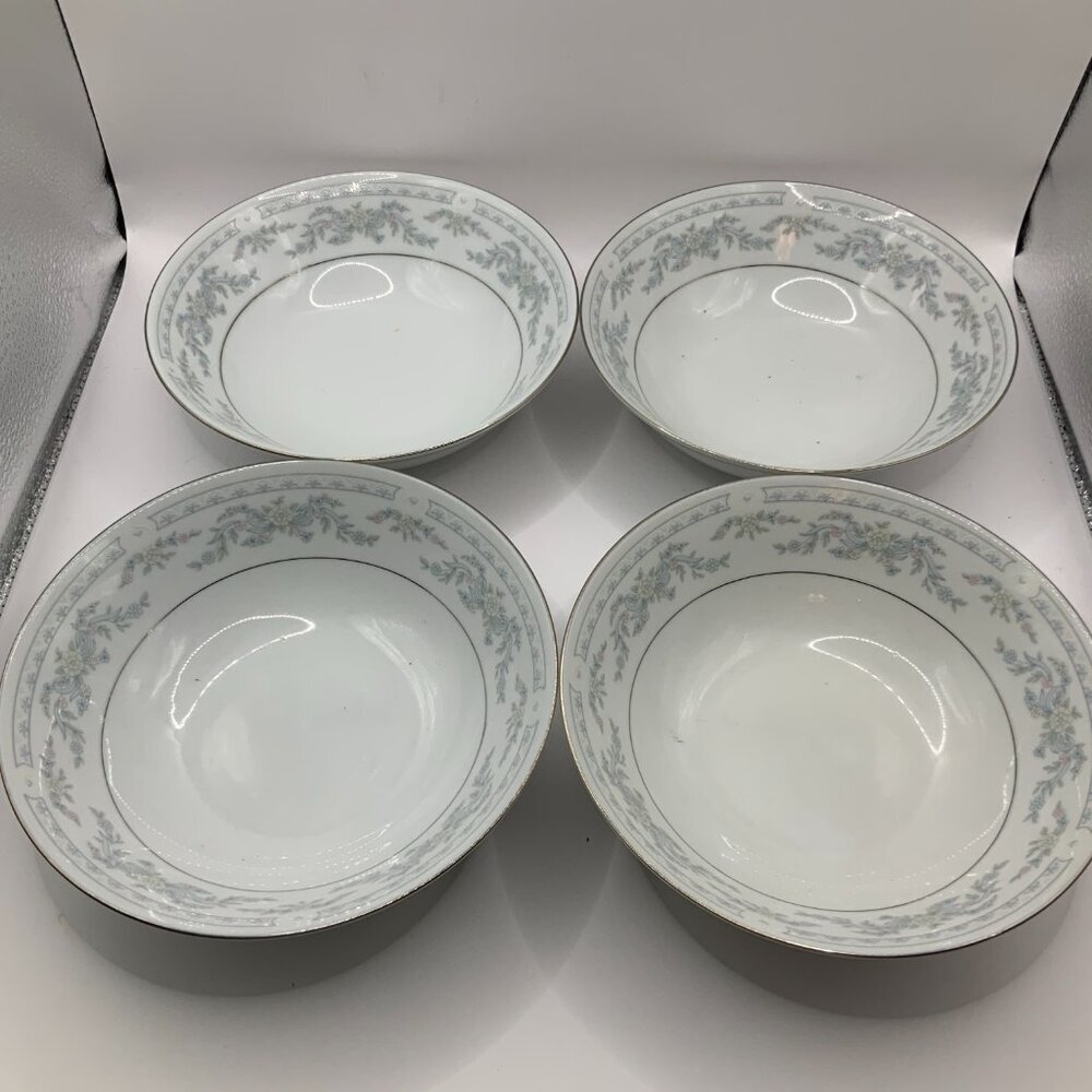 Somerset Blue, Pink & Green Flowers w/Blue Ribbon Silver Trimmed Bowl